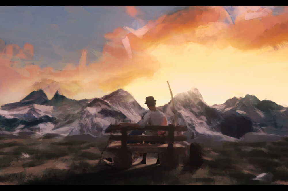 Elsa und ihr Großvater sitzen auf einer Bank in den Bergen und beobachten die untergehende Sonne.